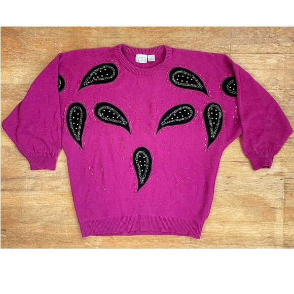 Vintage Velvet Paisley & Beaded Sweater Plus Size 2X 1980s Pink Knit Acrylic - Picture 1 of 5